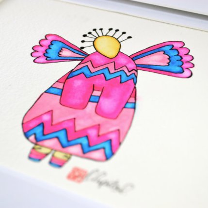 flying pink girl with wings by artist Emily Lupita